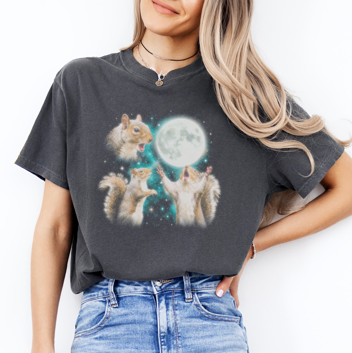 Three Squirrels Moon Parody Graphic Top in Pepper Grey