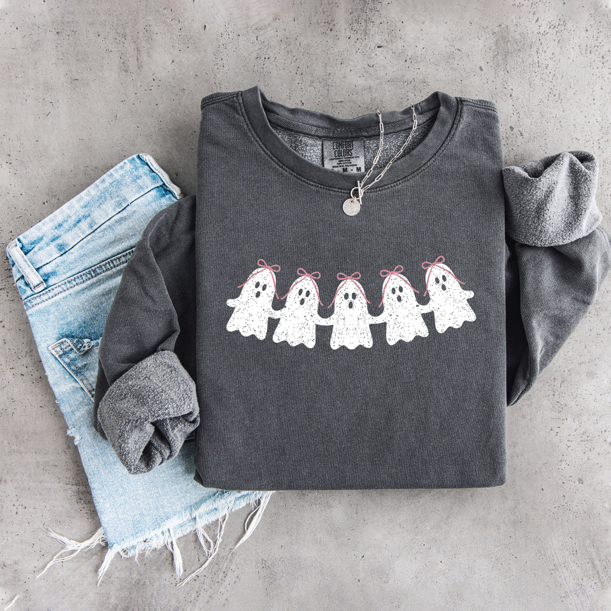 Pink Bow Ghost cute spooky sweatshirt in pepper
