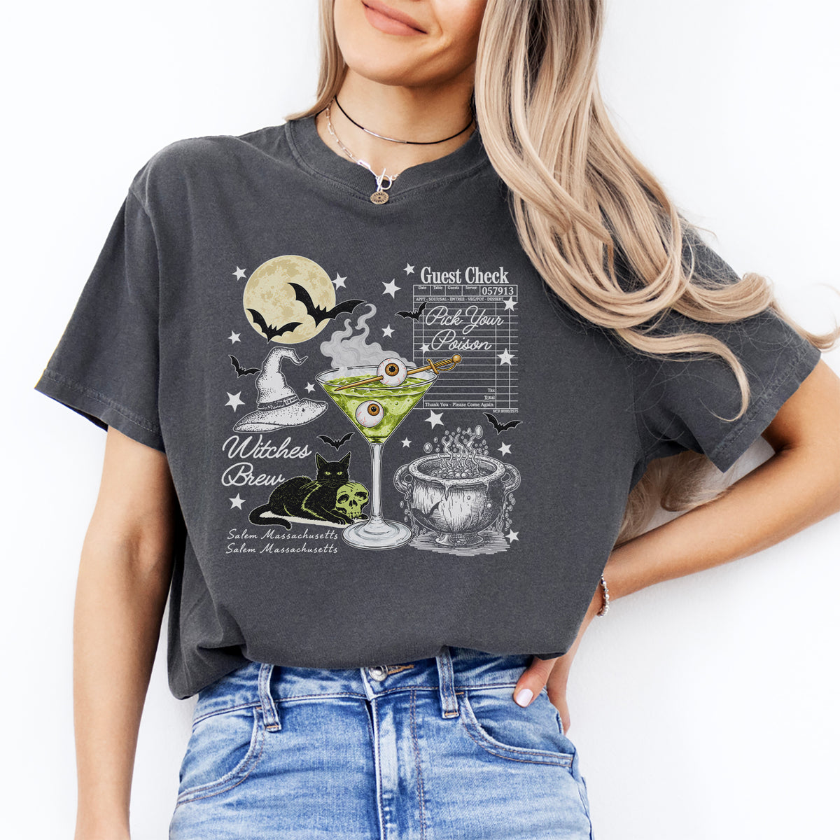 Vintage-T-Shirt mit Halloween-Gästelisten-Motiv – „Wähle dein Gift, Hexengebräu“