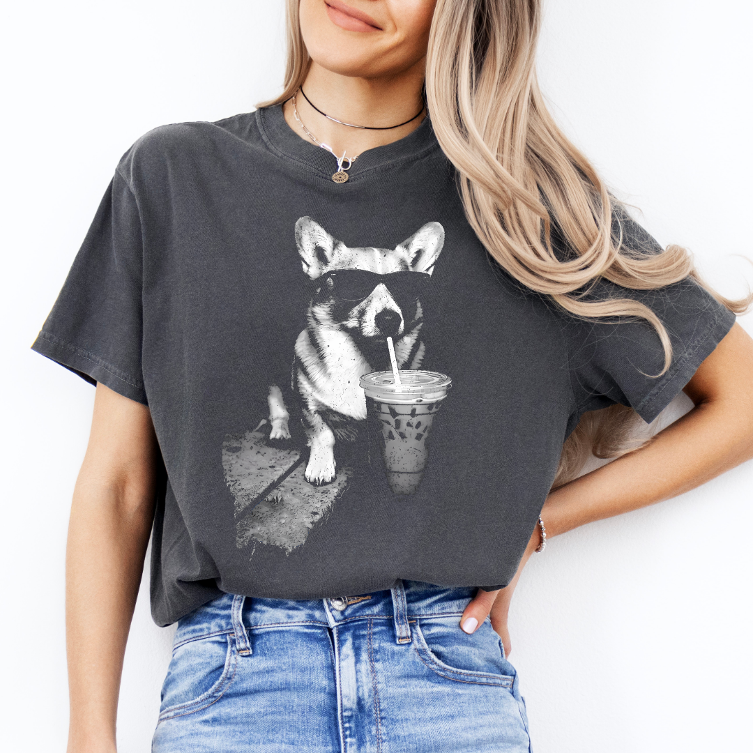 Corgi Drinking Iced Coffee Tee