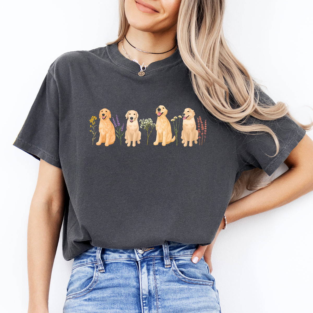 Floral Golden Retriever botanical pup tee in pepper