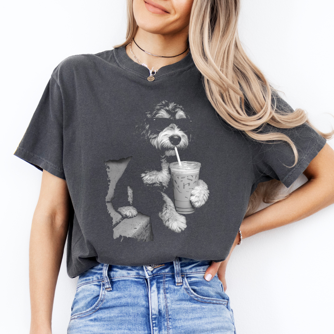 Bernedoodle Drinking Iced Coffee Tee