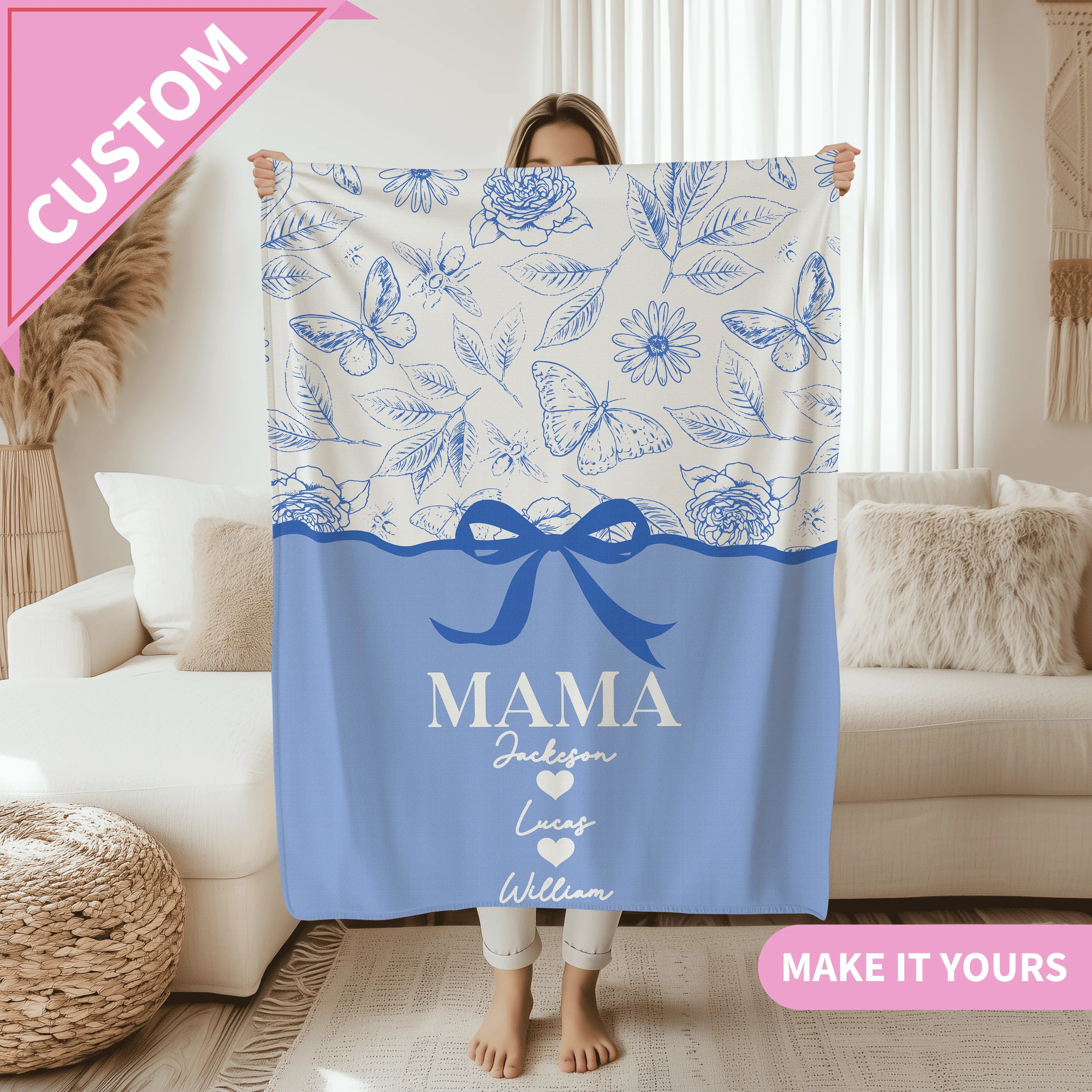 Personalized Mama With Kids Names Floral Butterfly Throw Gift for Mom Blanket 50" × 60" Printify All Over Prints T-Shirt