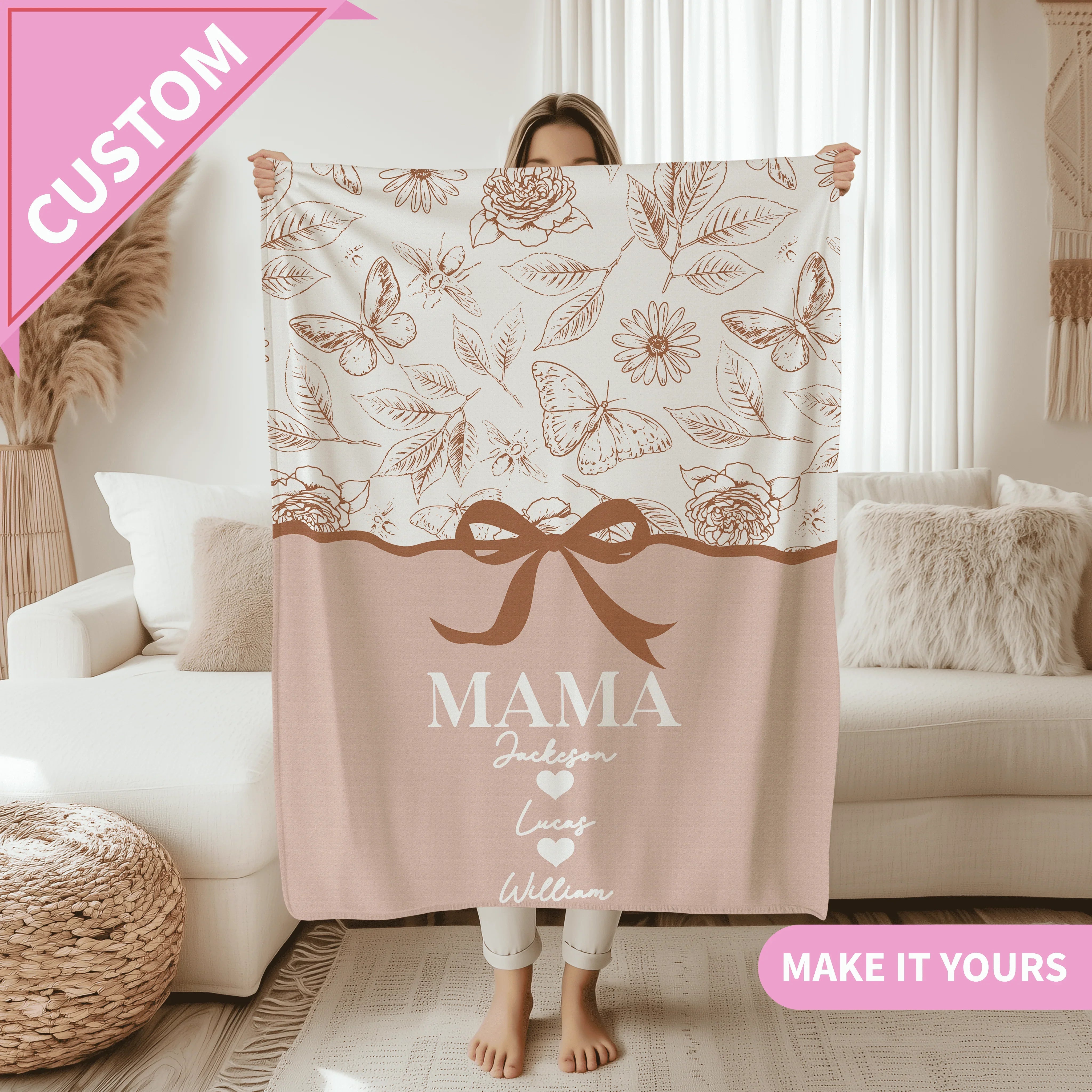 Personalized Mama With Kids Names Floral Butterfly Throw Gift for Mom Blanket 50" × 60" Printify All Over Prints T-Shirt