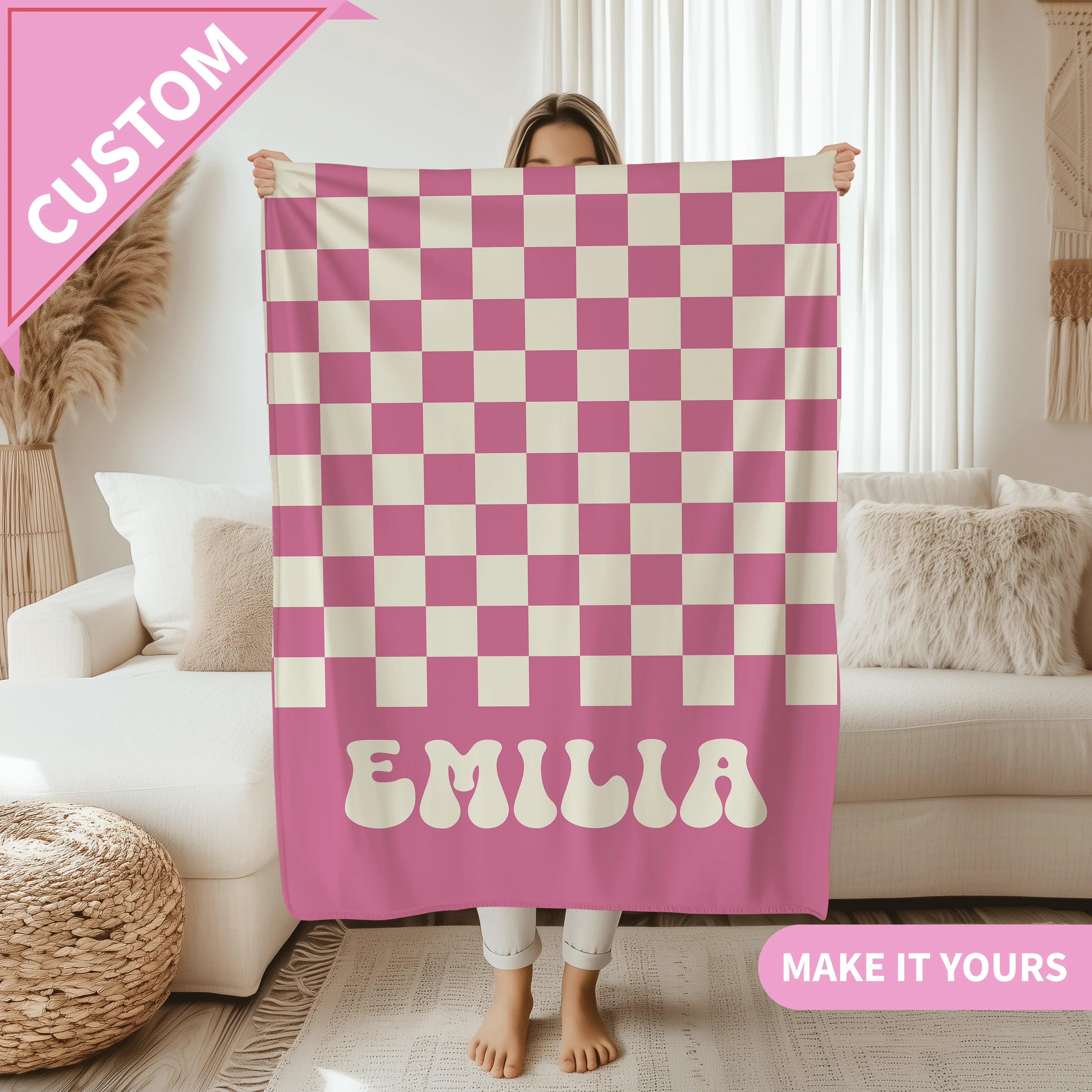 Personalized Retro Checkerboard Name Groovy Throw For Teens & Aesthetic Room Decor Blanket 50" × 60" Printify All Over Prints T-Shirt