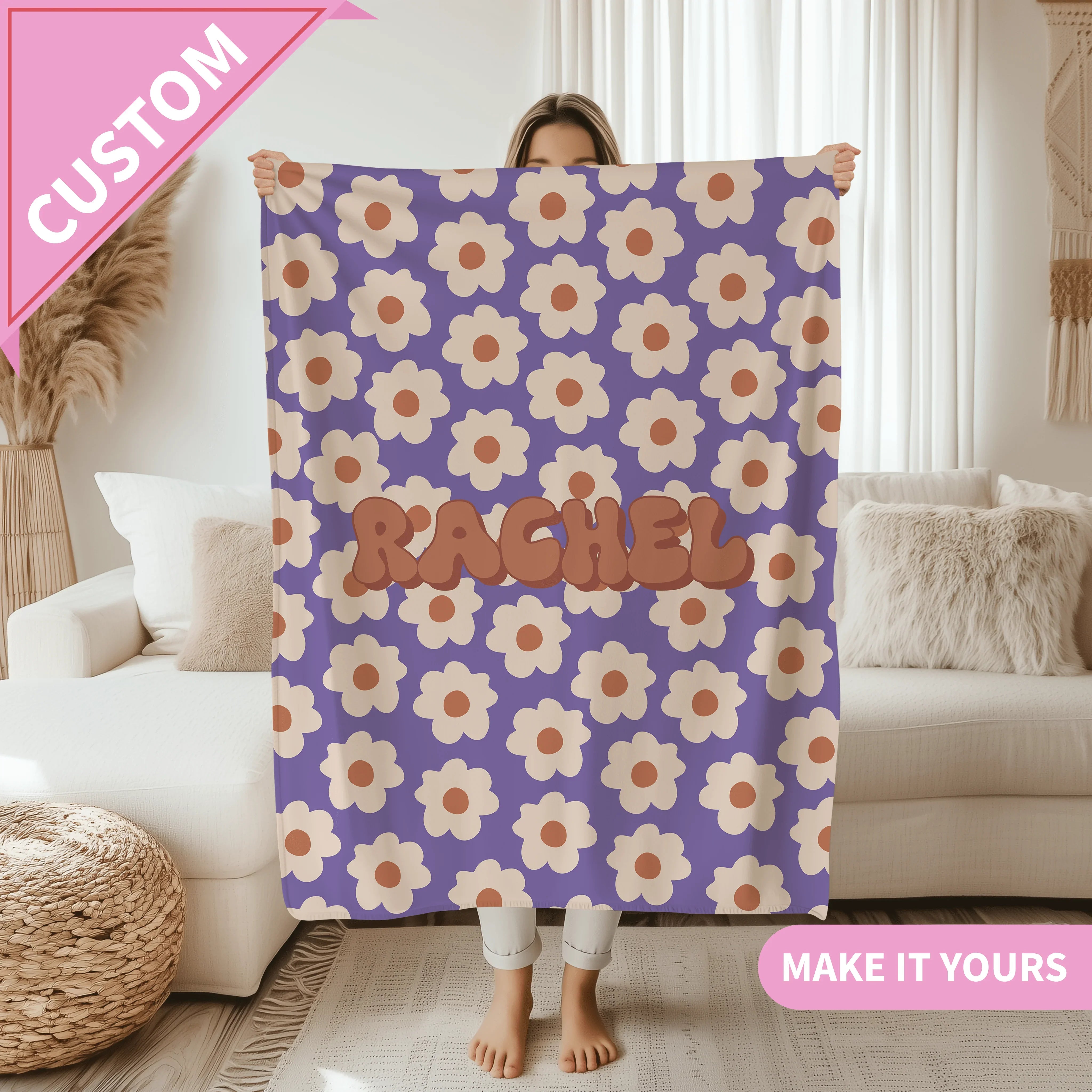 Personalized Retro Flower Blanket 50" × 60" Printify All Over Prints T-Shirt