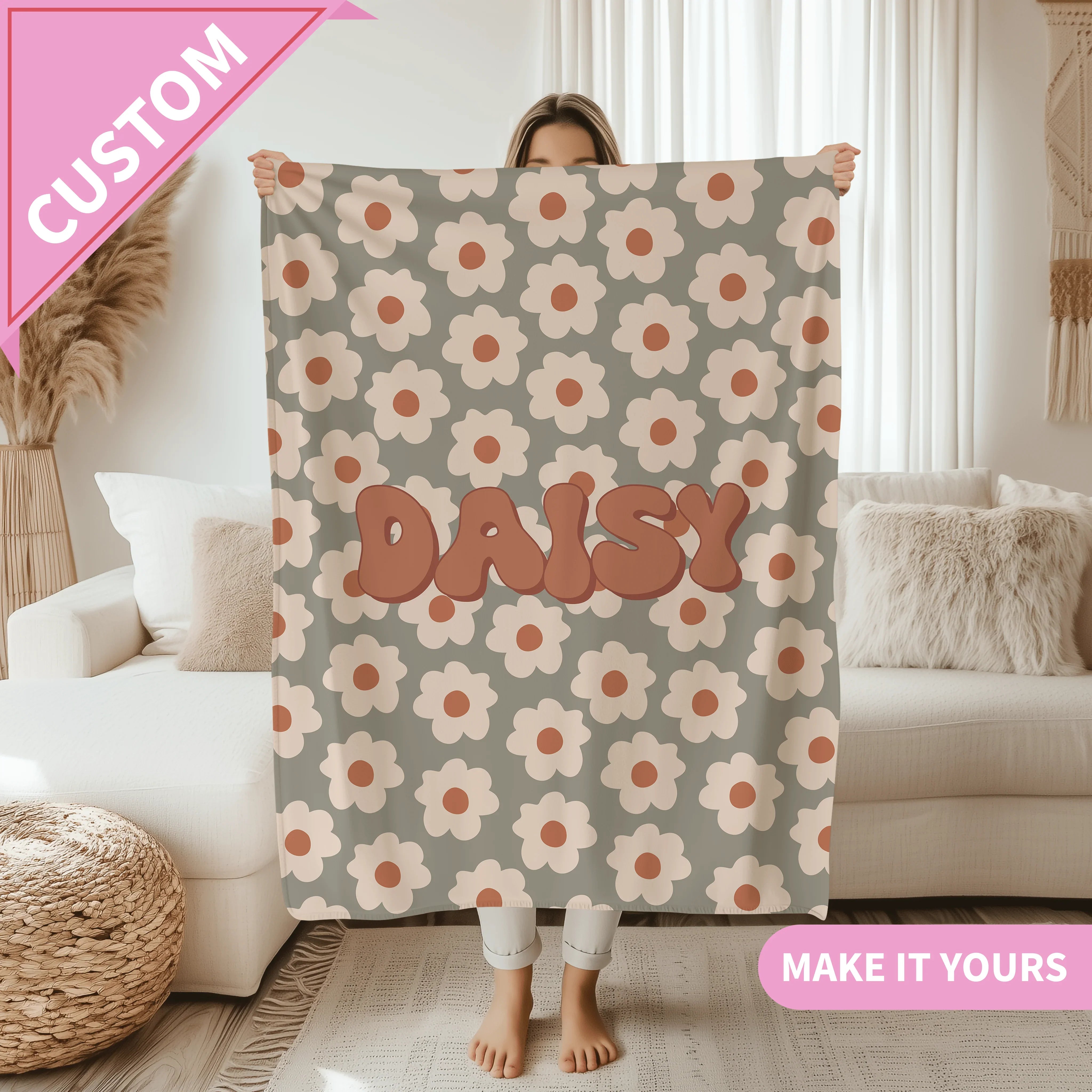 Personalized Retro Flower Blanket 50" × 60" Printify All Over Prints T-Shirt