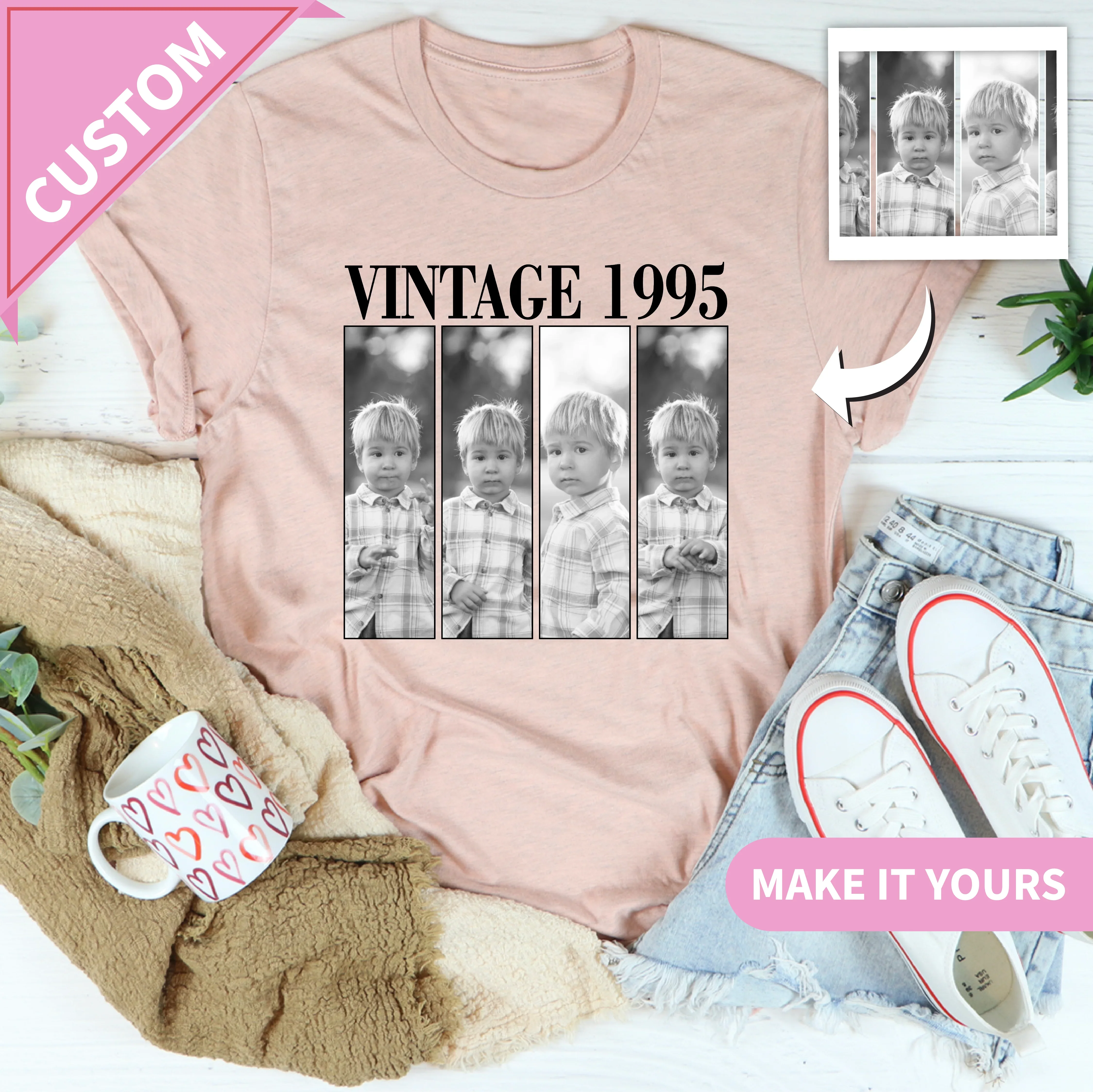 Personalized  Vintage Photo Memory With Picture & Text Retro Sketch Style Gift For Friends & Family Tee Printify T-Shirt T-Shirt
