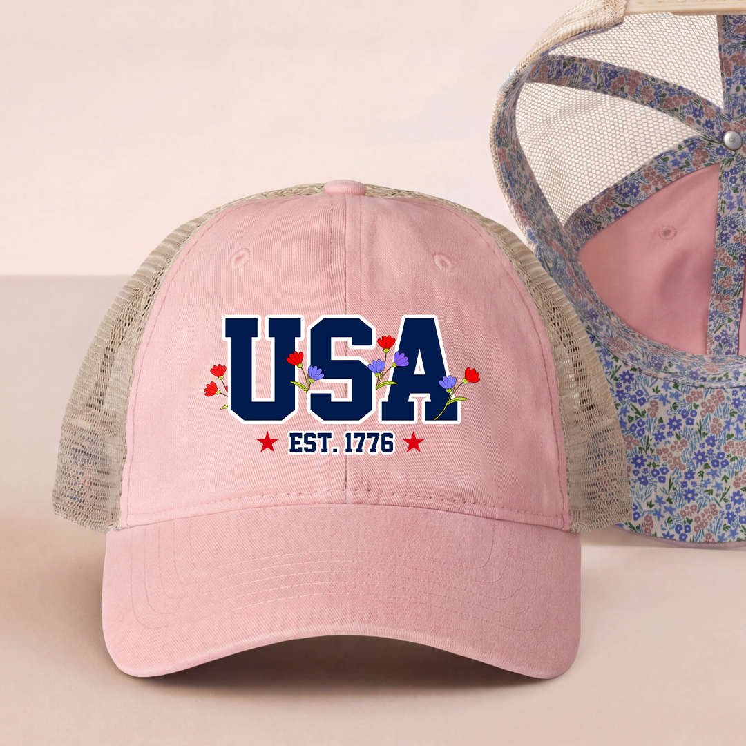 Embroidered USA Flag Floral Trucker Hat