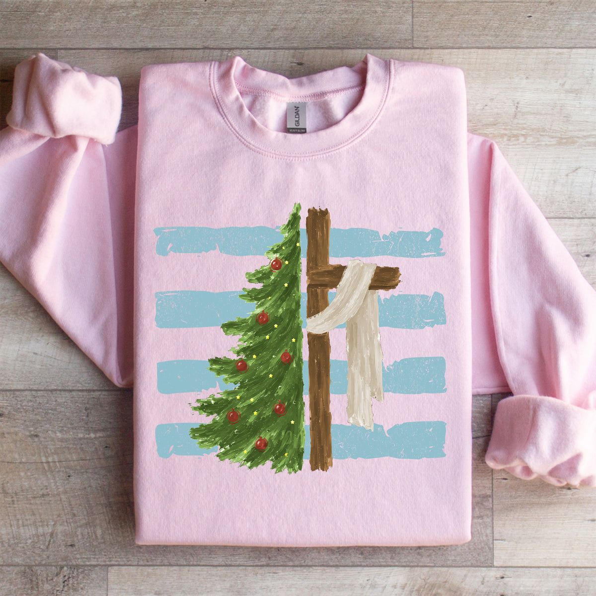 Festlicher Crewneck-Pullover für den christlichen Glauben – \"Weihnachtsbaum-Kreuz\"