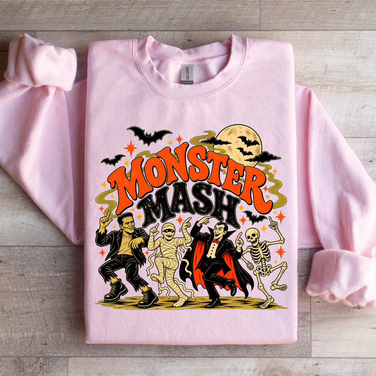 Monster Mash Sweatshirt Light Pink Retro Halloween Monsters Fleece Pullover
