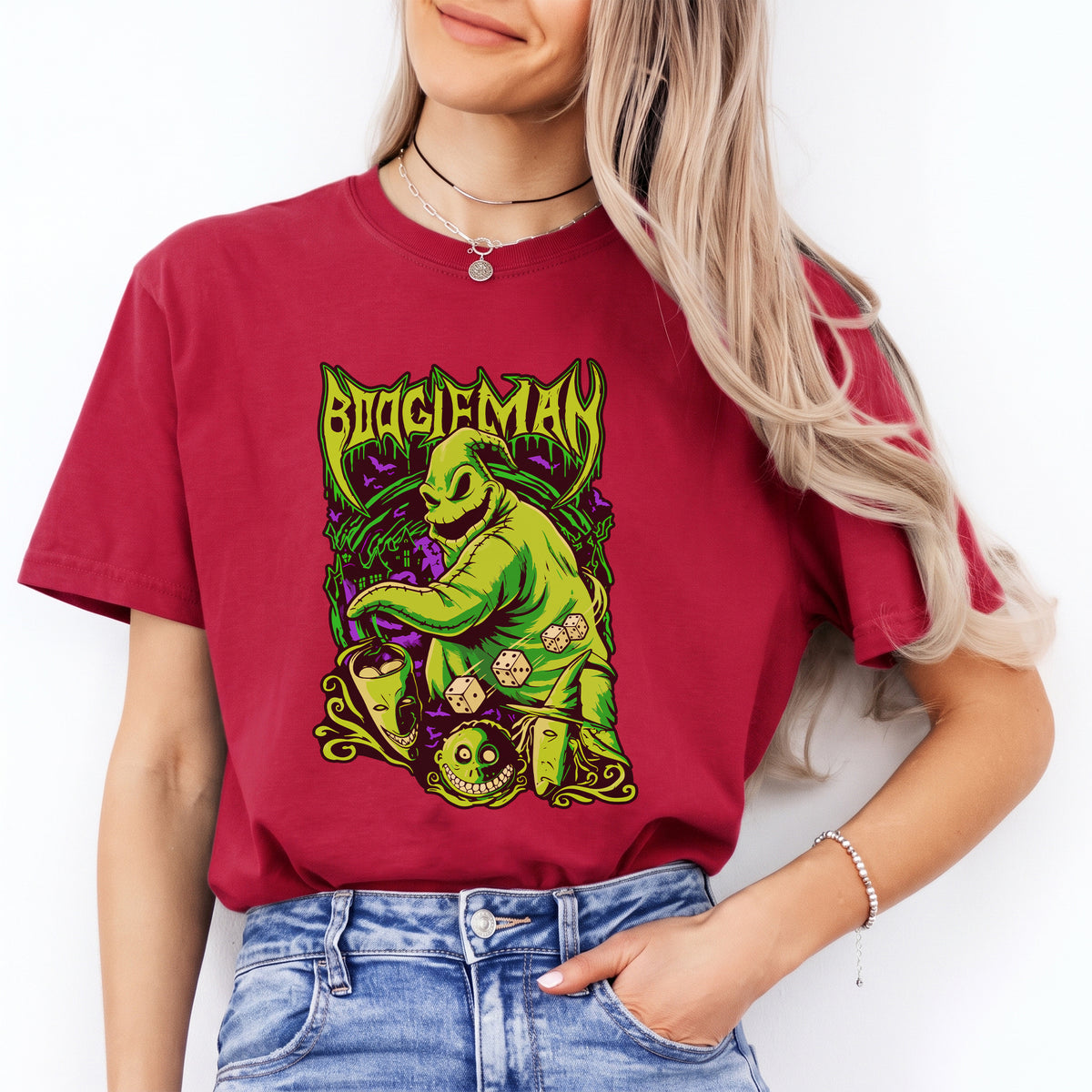 Retro-Halloween-Shirt mit Bösewichtmotiv - „BOOGIEMAN“-Würfelmotiv