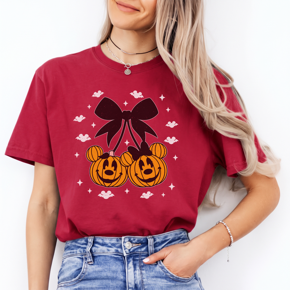 Mickey Pumpkin Coquette Graphic Tee in red with twin jack-o-lantern pumpkins and coquette bow