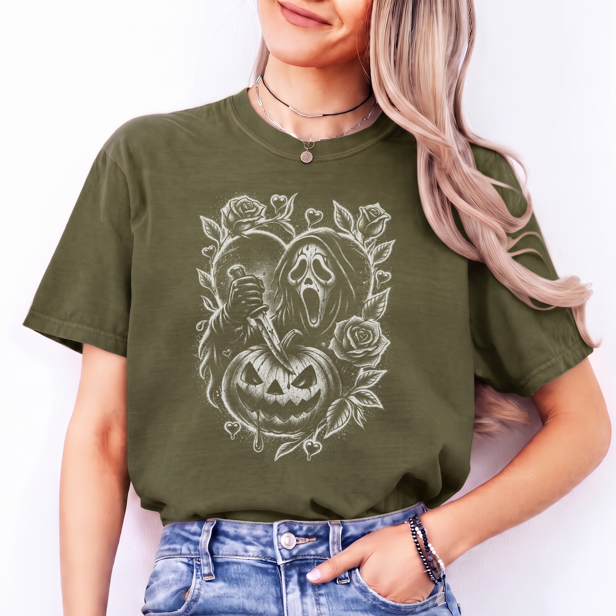 Horror-Slasher-T-Shirt mit Blumen-Kürbis-Motiv – Gruselige Ghostface-Rosen