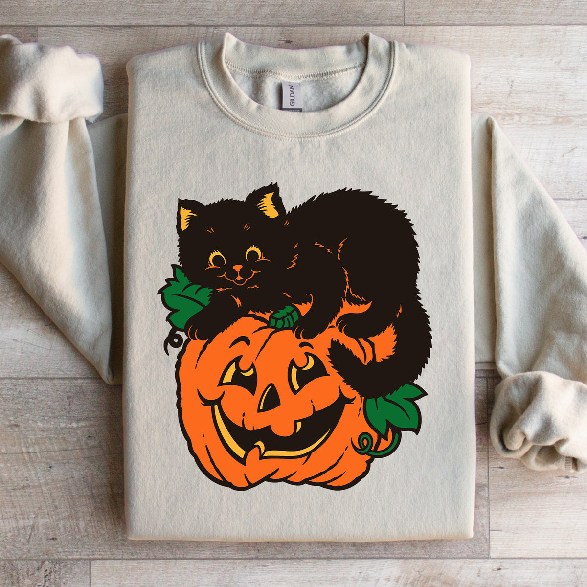 Vintage-Schwarzer-Kater-Kürbis-Sweatshirt