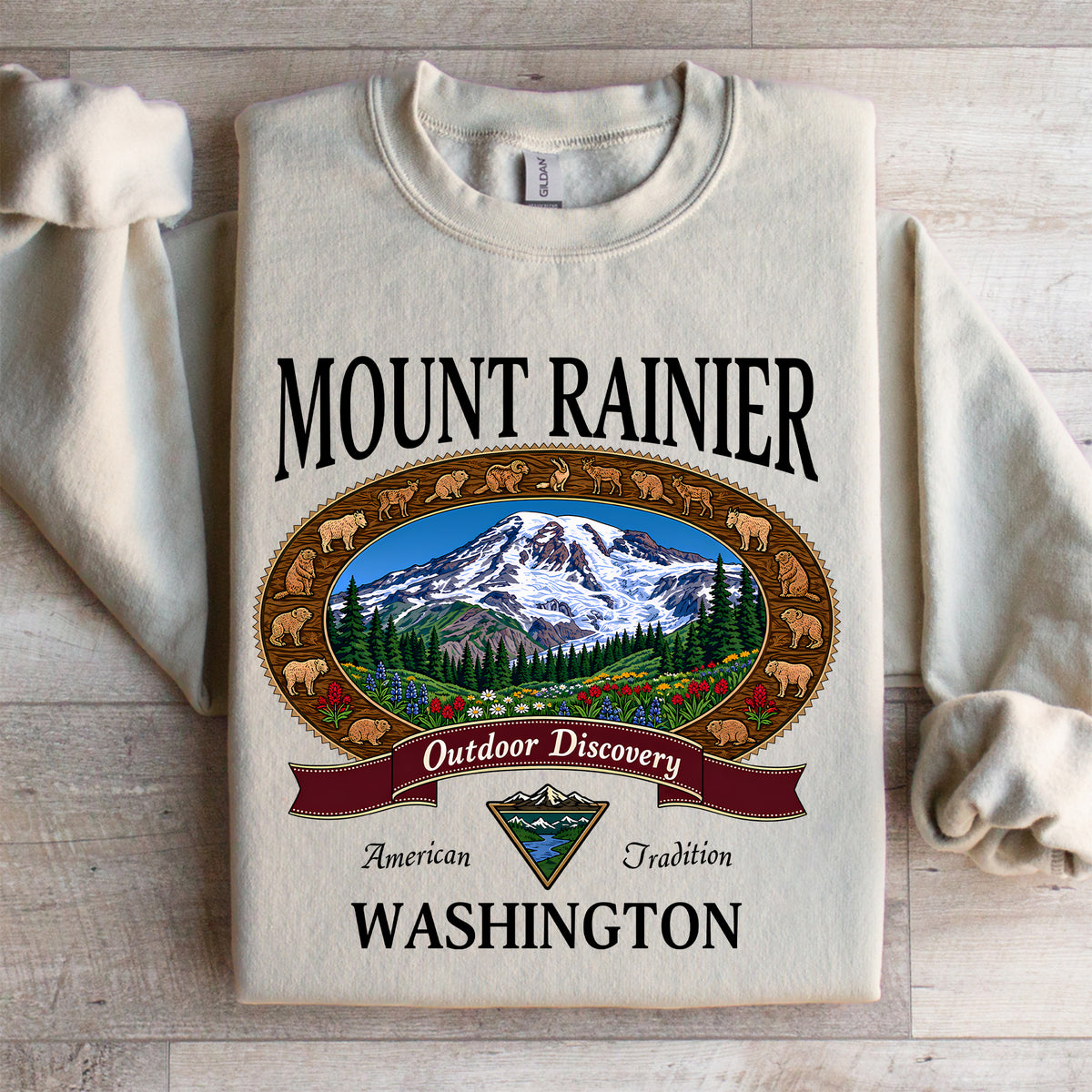 Retro Mount Rainier Washington Sweatshirt in sand with vintage mountain landscape travel badge