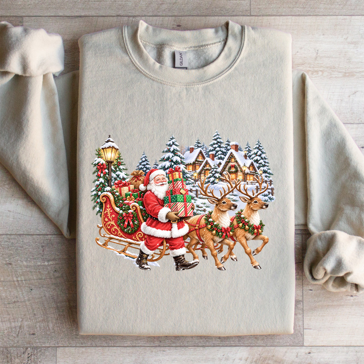 Vintage-Sweatshirt mit Weihnachtsmann und Rentieren