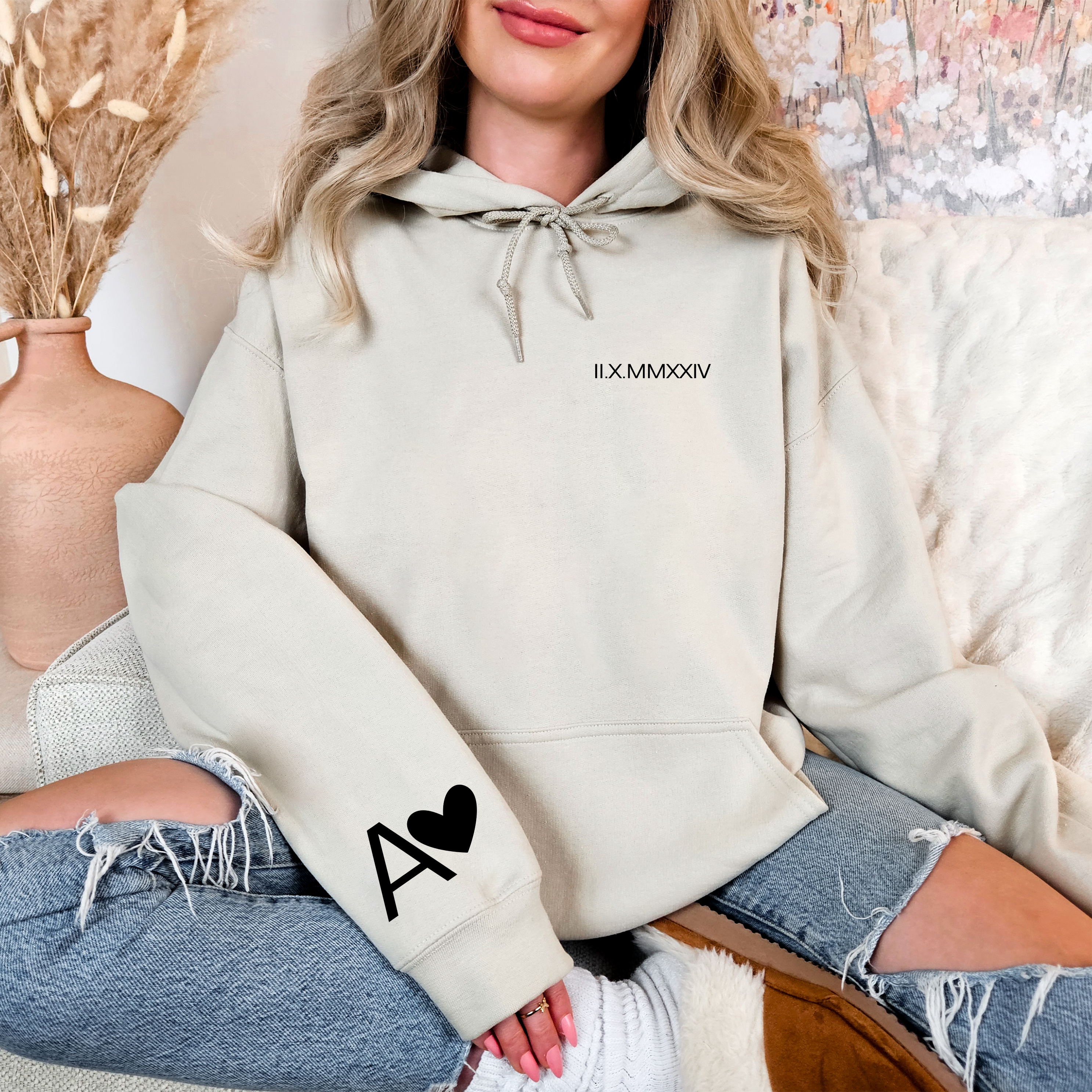 Personalized Embroidered Couples Roman Numeral Hoodie