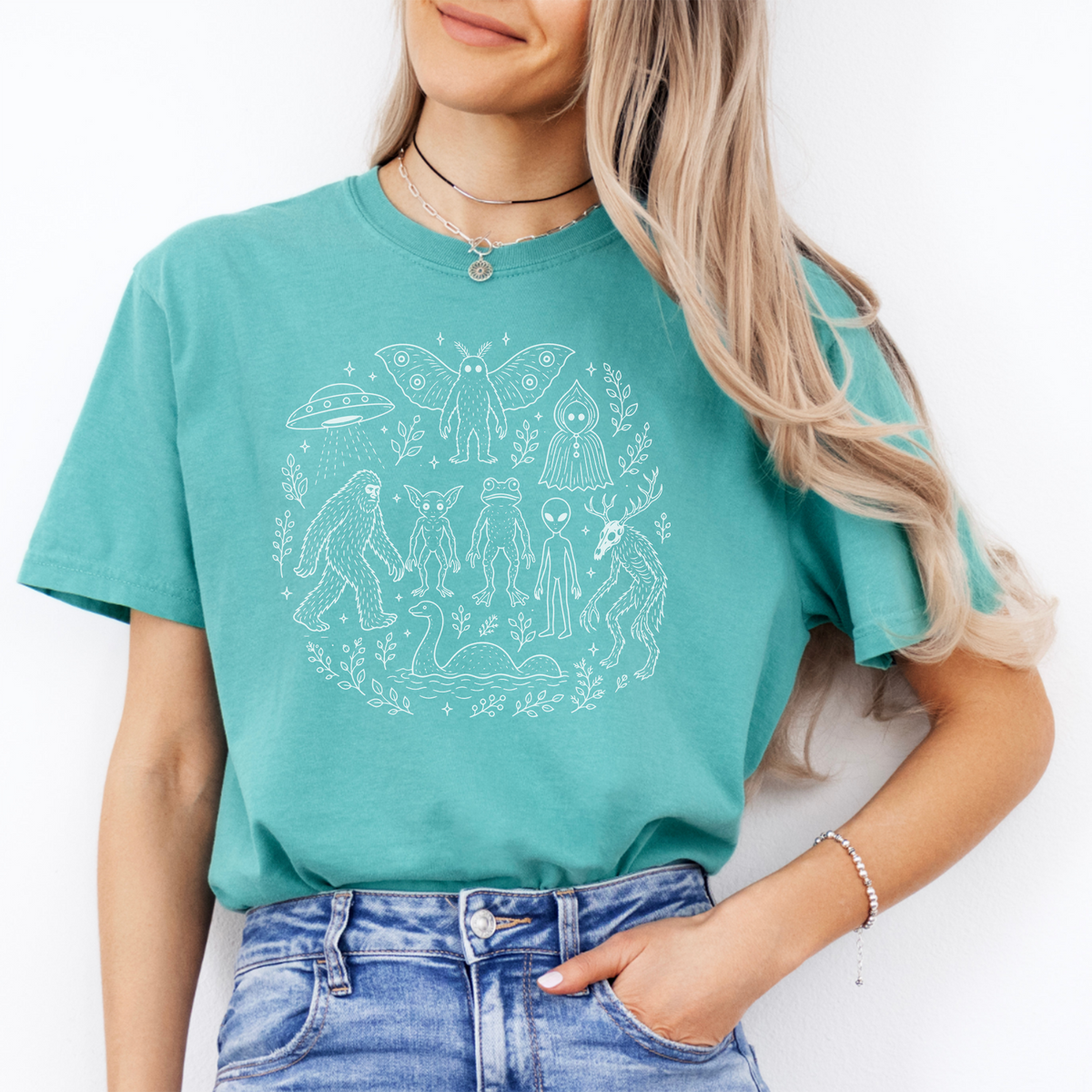 Cryptid Forest Squad Graphic Casual Shirt – Bigfoot Mothman Folklore Top