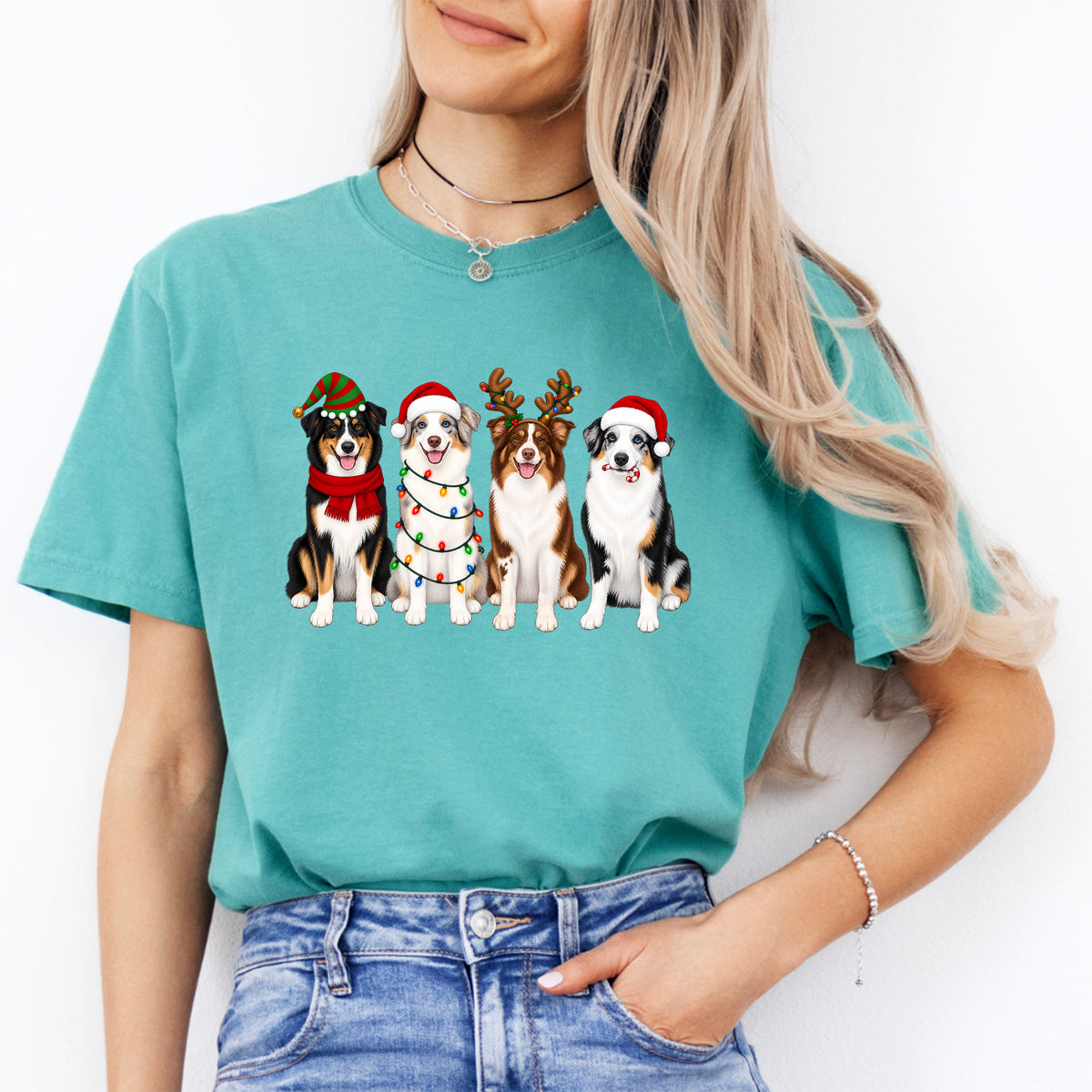 Holiday Australian Shepherds Lineup Graphic Tee – Festive Christmas Dogs Shirt