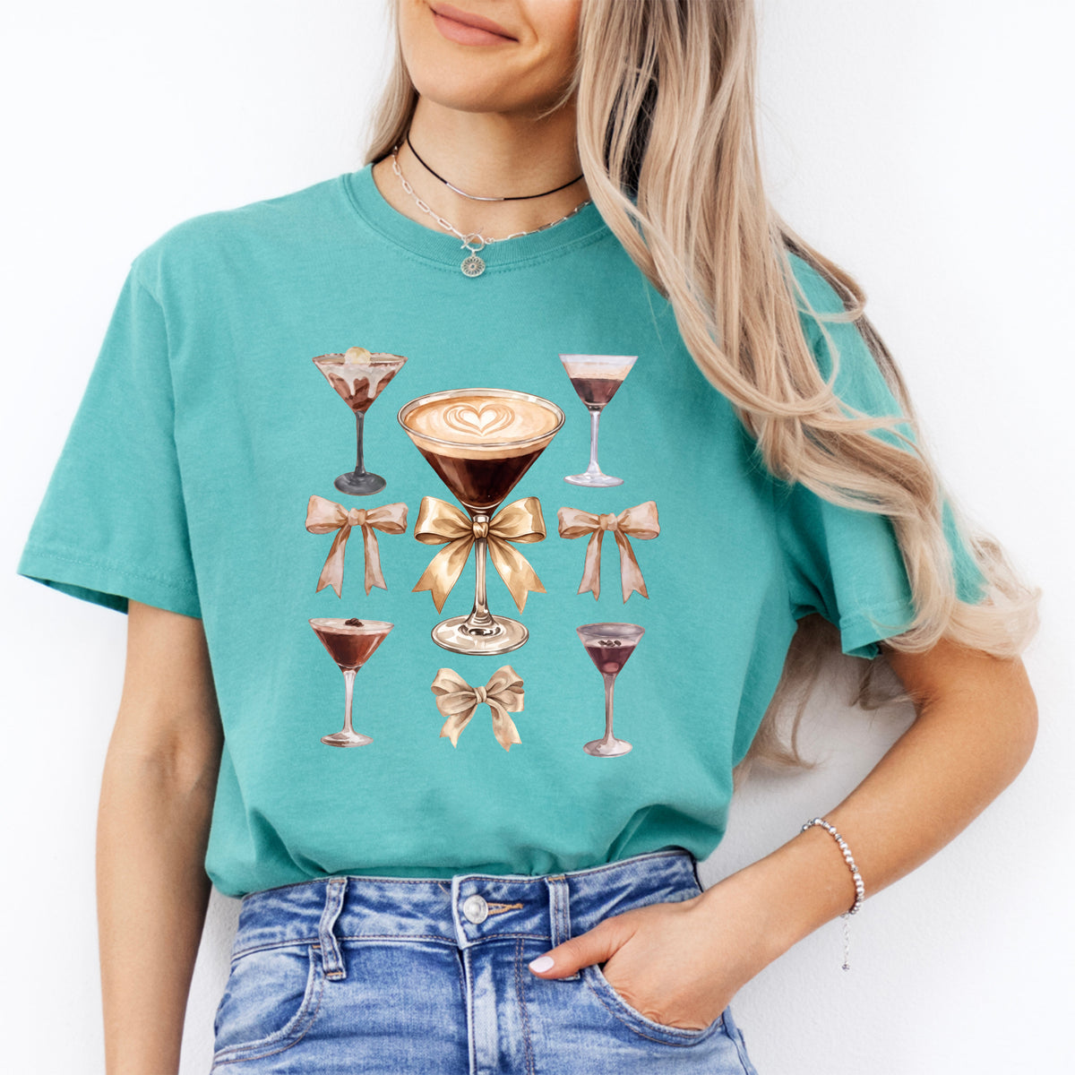 Espresso Martini Coquette Bows Graphic Top – Trendy Cocktail Casual Shirt