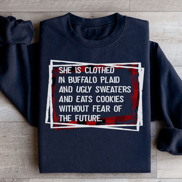 She's Clothed In Buffalo Plaid And Ugly Sweaters Sweatshirt Black / S Peachy Sunday T-Shirt
