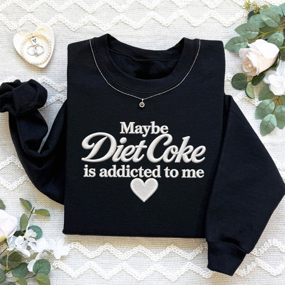 Diet Coke Embroidered Fleece Pullover Sweatshirt in black