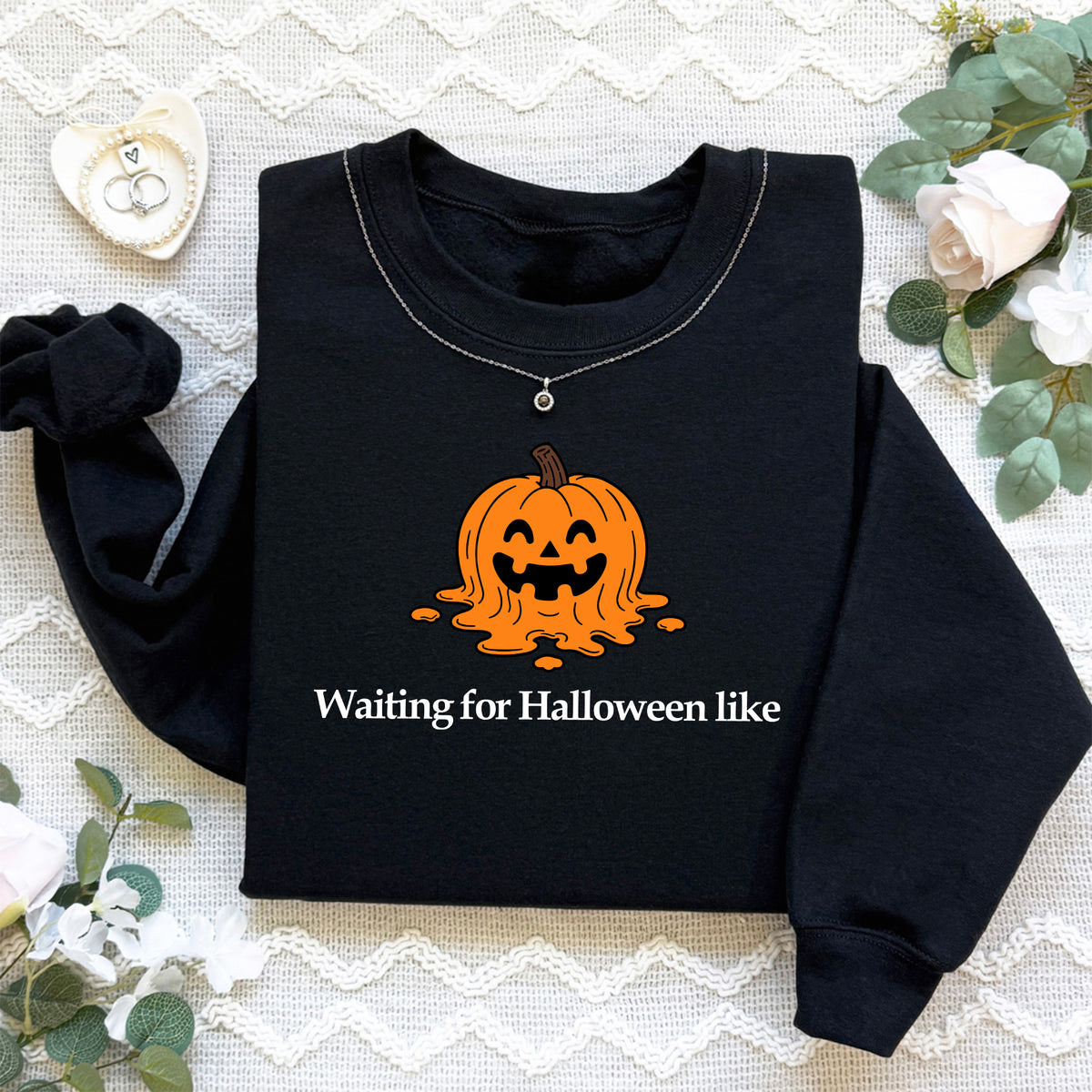„Warten auf Halloween, so wie“ – Niedlicher bestickter Kürbis-Sweatshirt