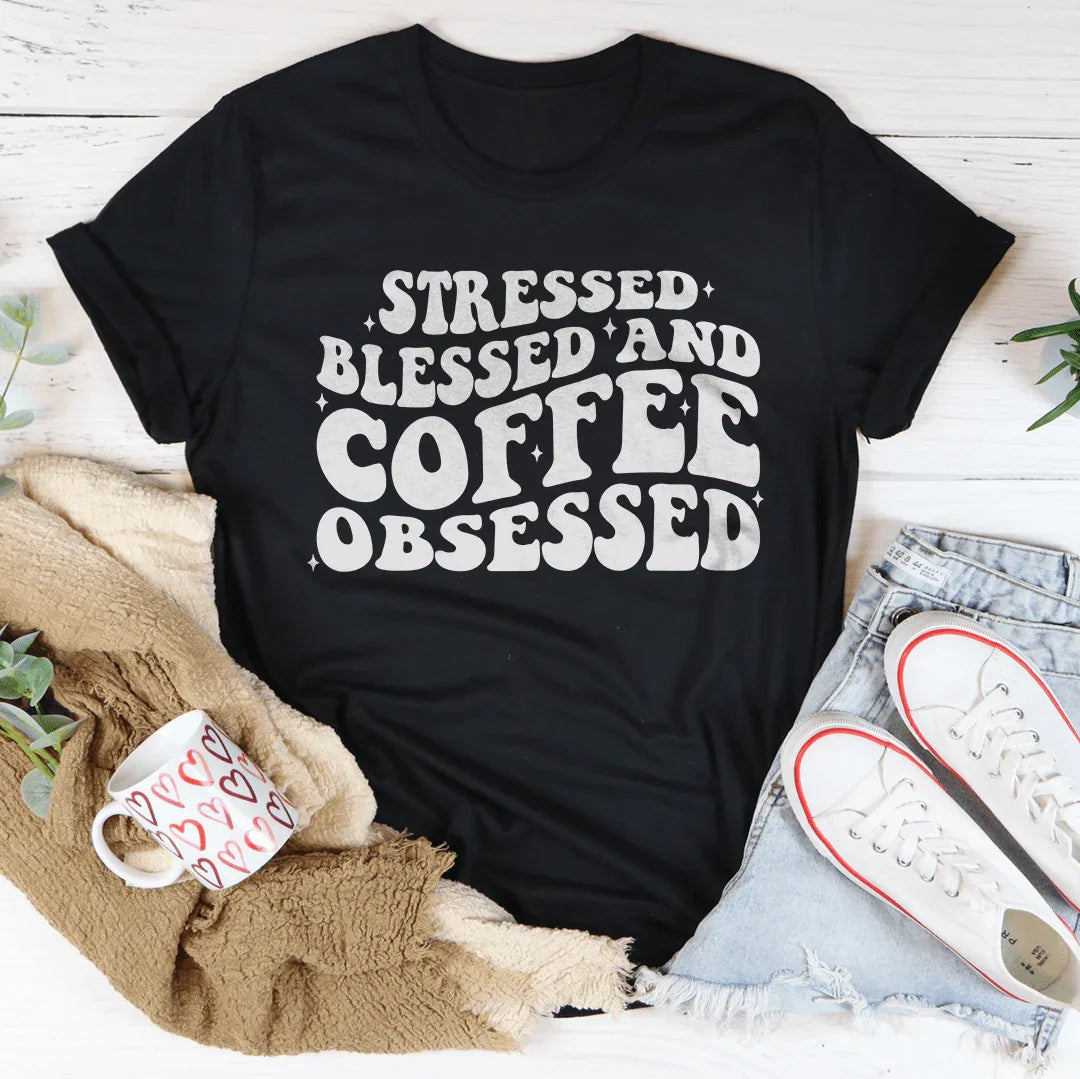 Stressed Blessed And Coffee Obsessed Tee Black Heather / S Peachy Sunday T-Shirt