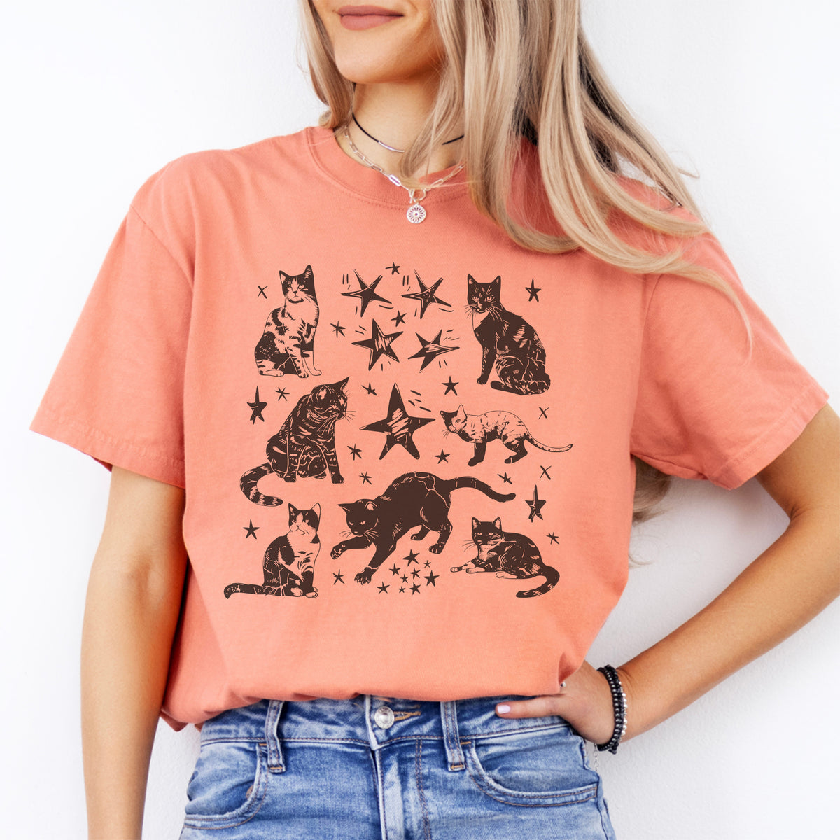 Vintage-T-Shirt mit Katzen-Sternmotiv