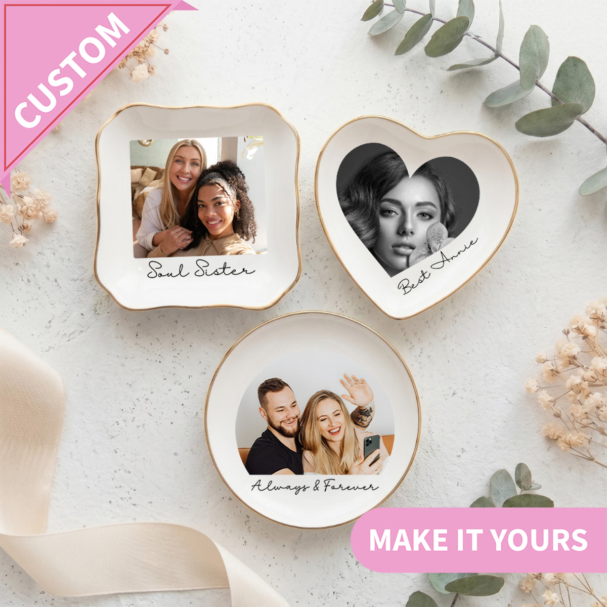 Personalized Bestie Photo ceramic ring dish collection with gold trim