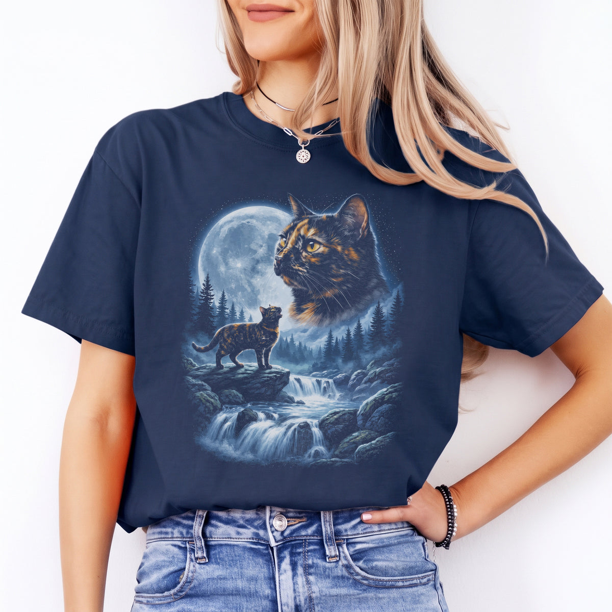 Cat Howling To The Moon Graphic T-Shirt True Navy Garment-Dyed Cotton Tee