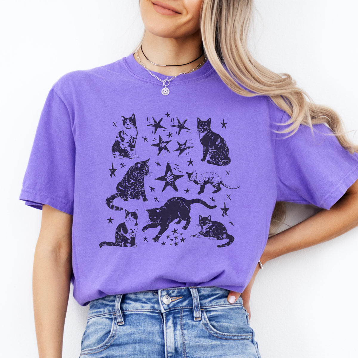 Vintage-T-Shirt mit Katzen-Sternmotiv