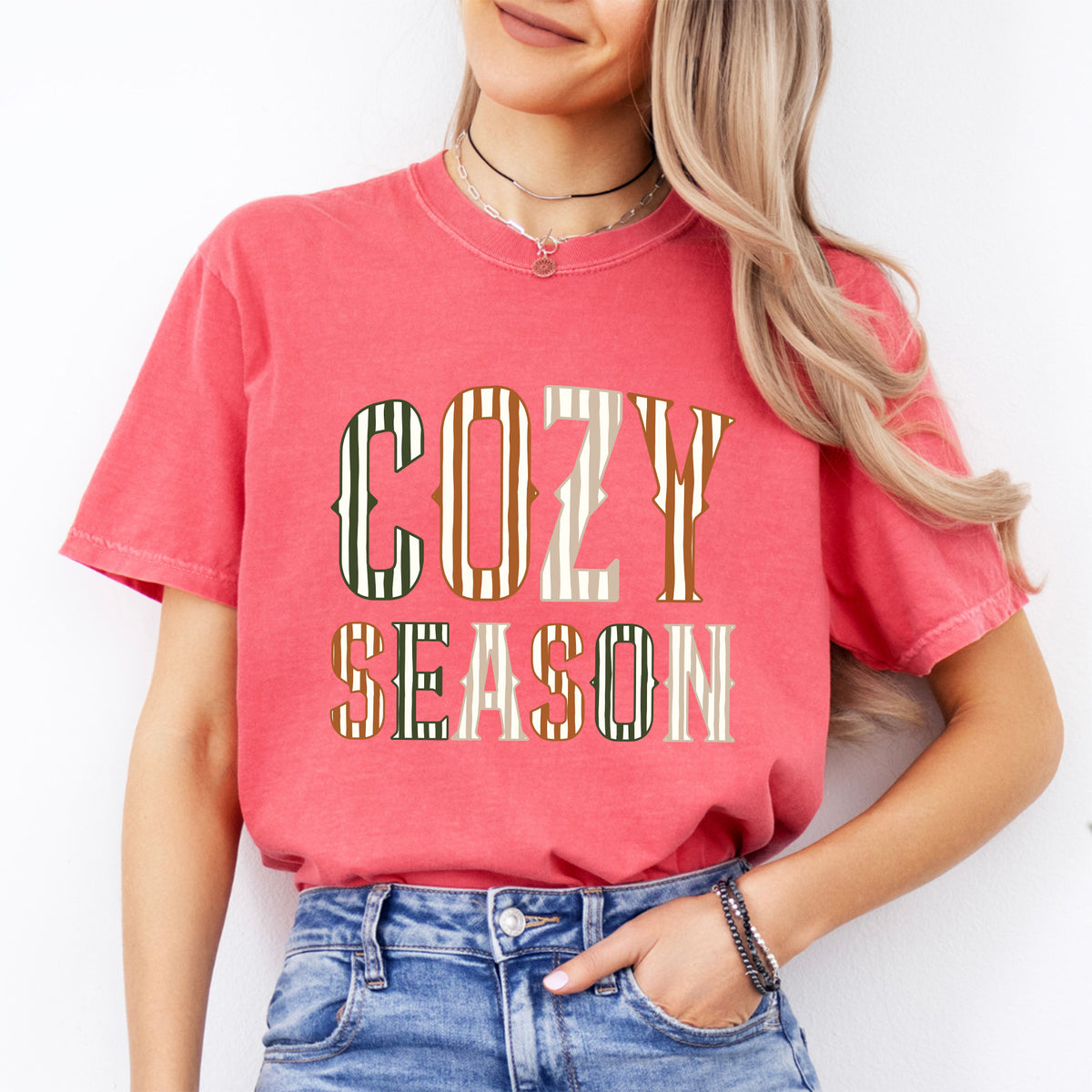 Autumn Striped Lettering Casual Tee – "Cozy Season"