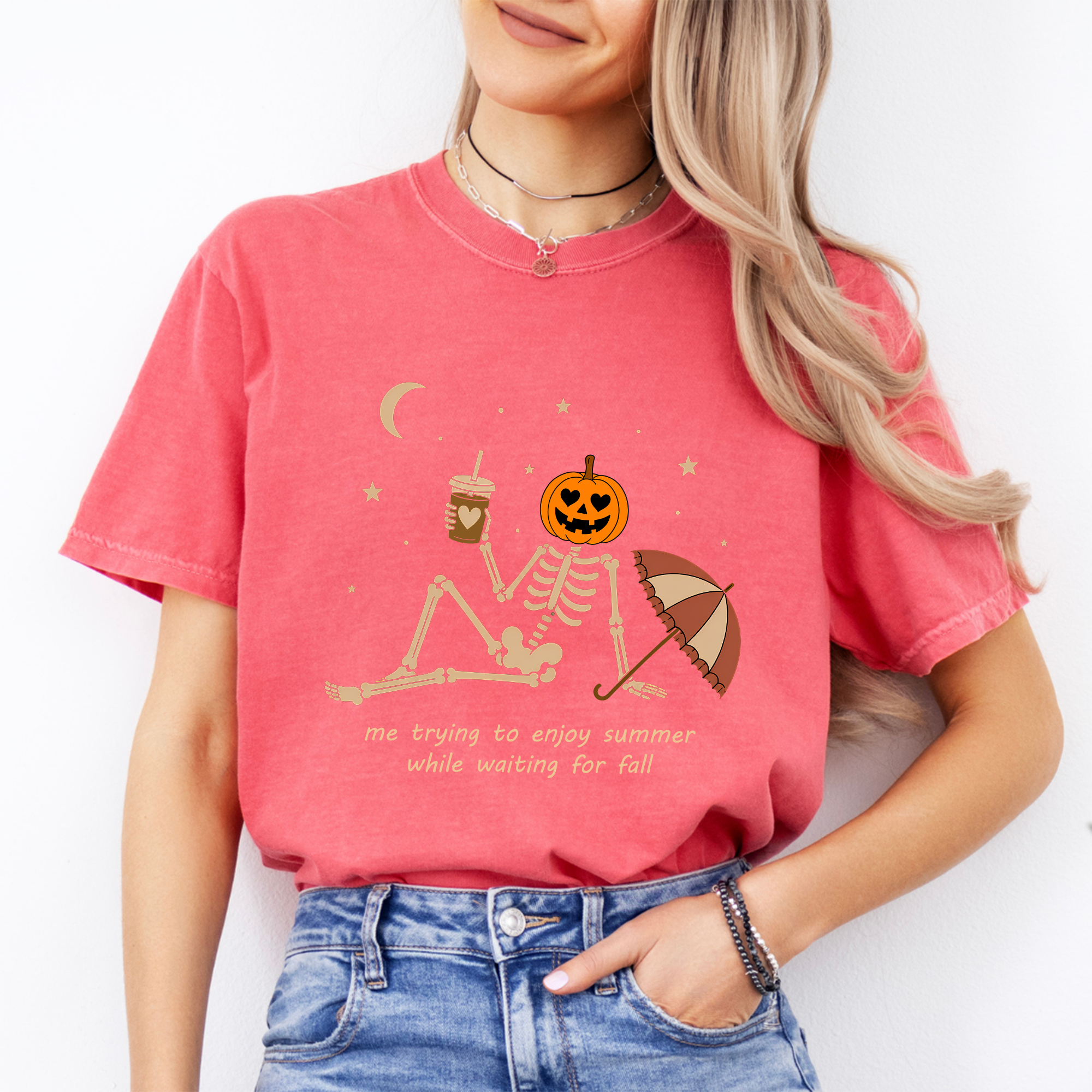 T-shirt amusant à motif squelette « En attendant l’automne »