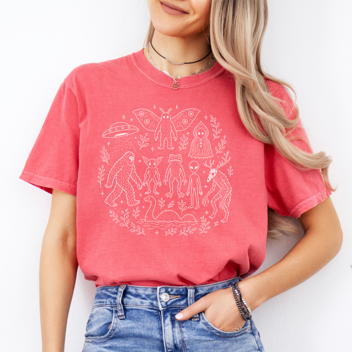 Cryptid Forest Squad Graphic Casual Shirt – Bigfoot Mothman Folklore Top