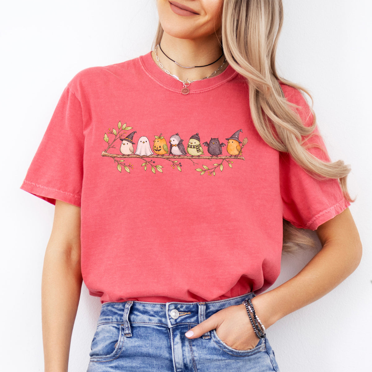 Spooky Costume Halloween Birds Graphic T-Shirt in Watermelon Pink