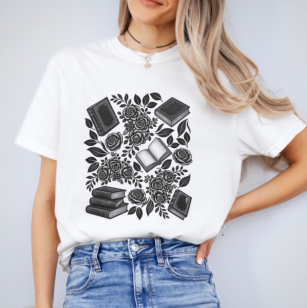 Linocut Books And Flowers Tee