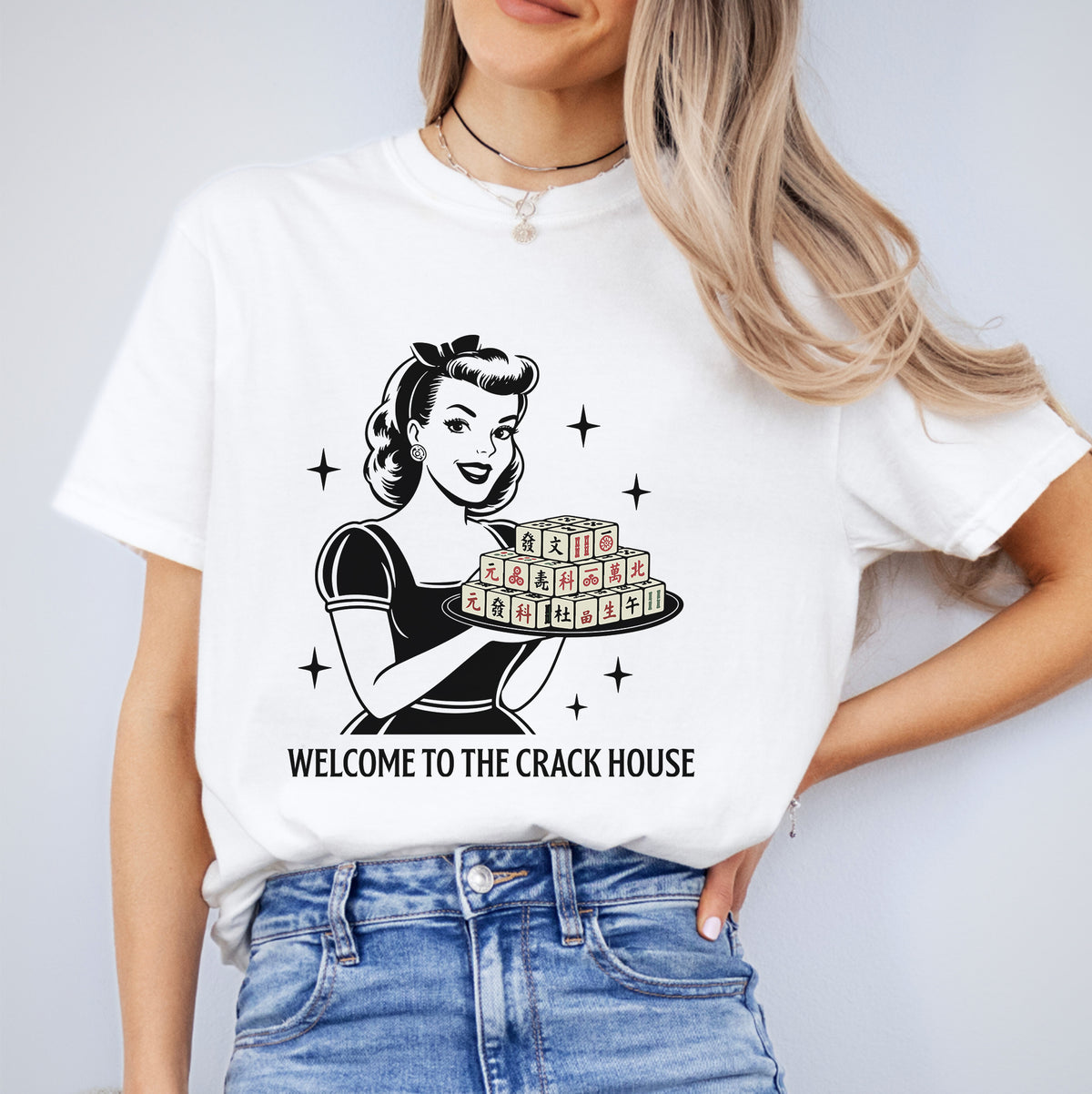 Vintage 1950s Mahjong Hostess Graphic Casual Shirt – "Welcome To The Crack House"