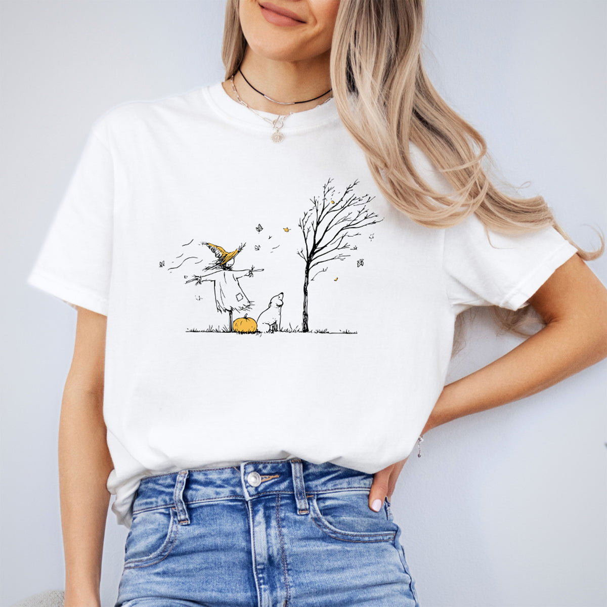 Grafikshirt mit herbstlicher Vogelscheuche und Welpen – ländliches Herbstshirt