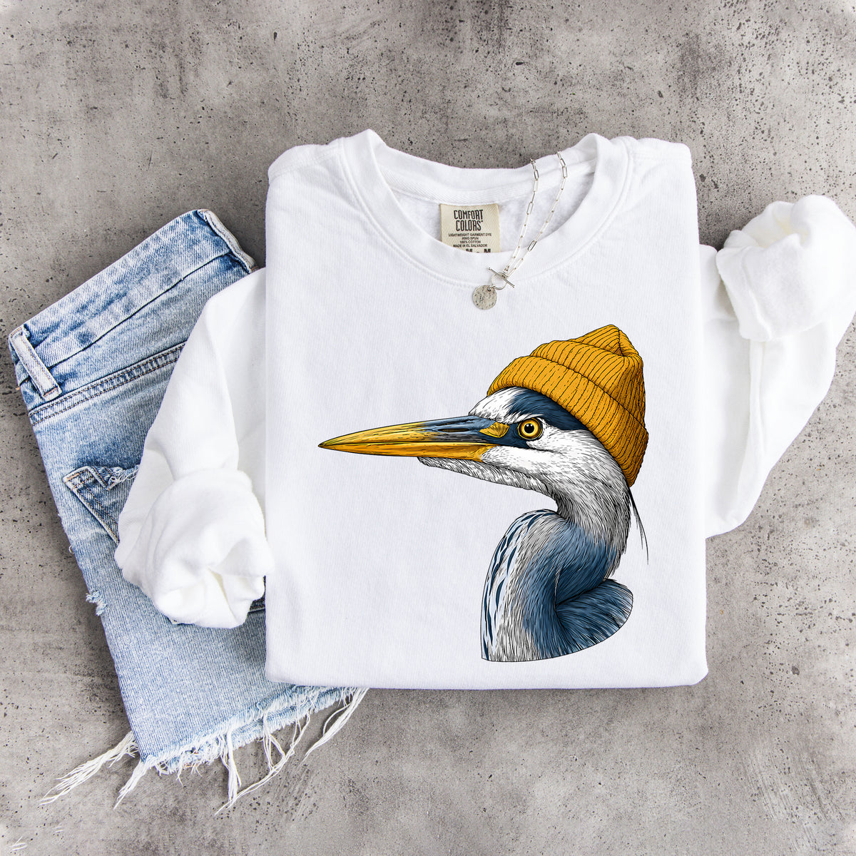 Sweatshirt mit Wildtiermotiv: Kanadareiher mit Mütze