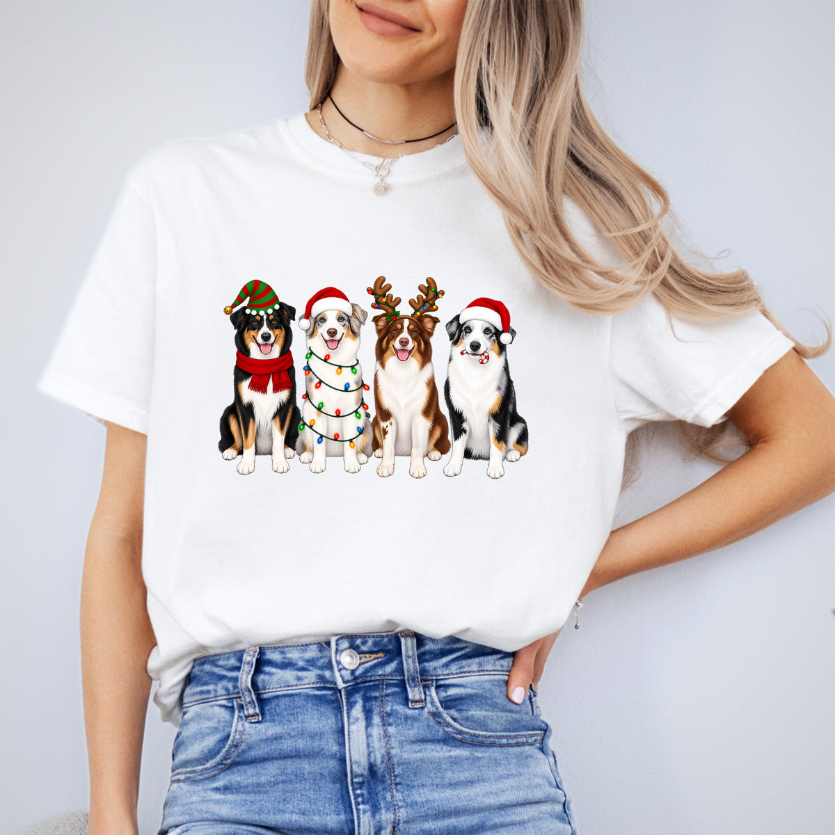 Holiday Australian Shepherds Lineup Graphic Tee – Festive Christmas Dogs Shirt