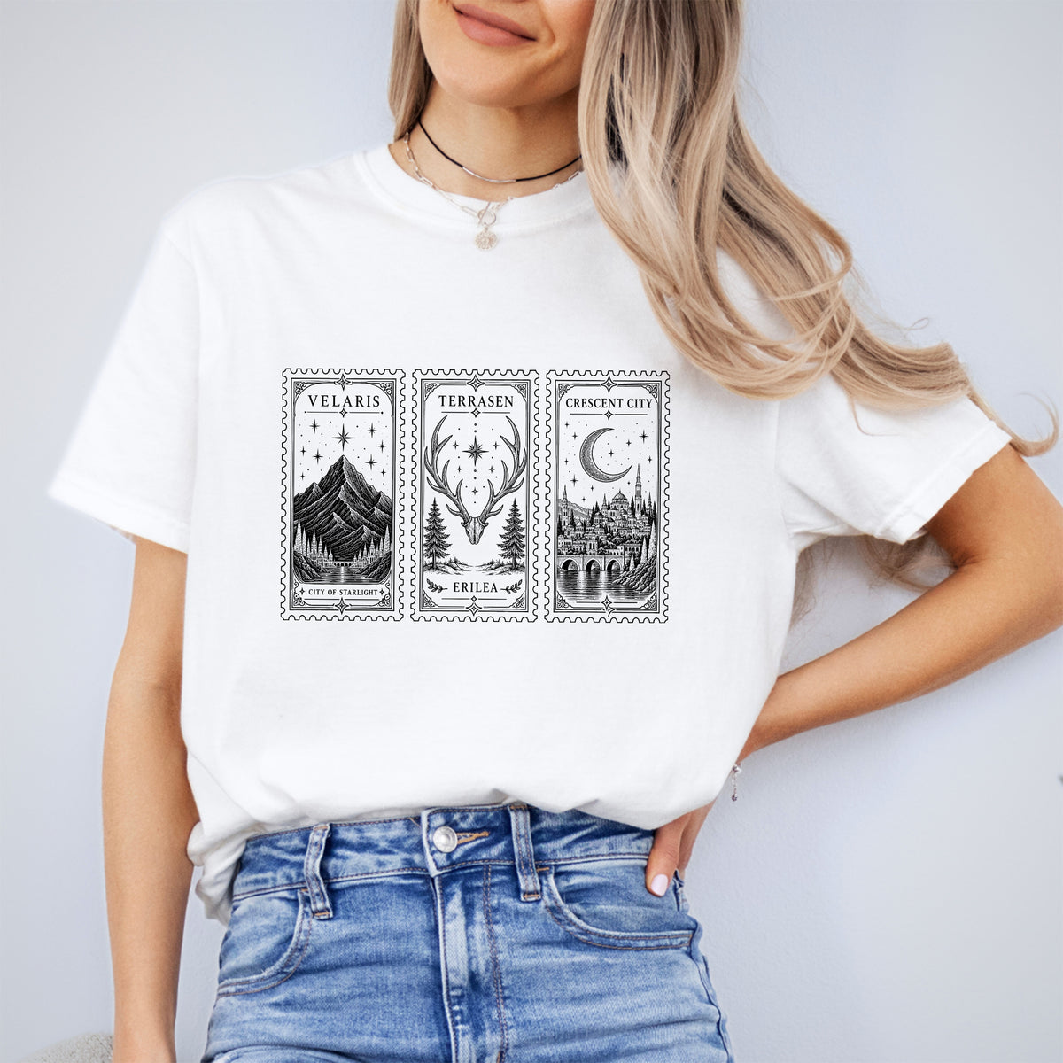 Grafik-Top mit Fantasy-Buchpostkarte – Bookish-T-Shirt mit Velaris und Terrasen