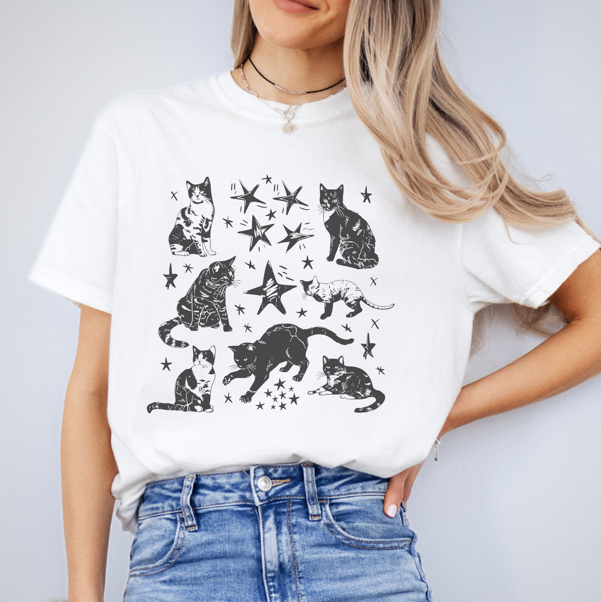 Vintage-T-Shirt mit Katzen-Sternmotiv