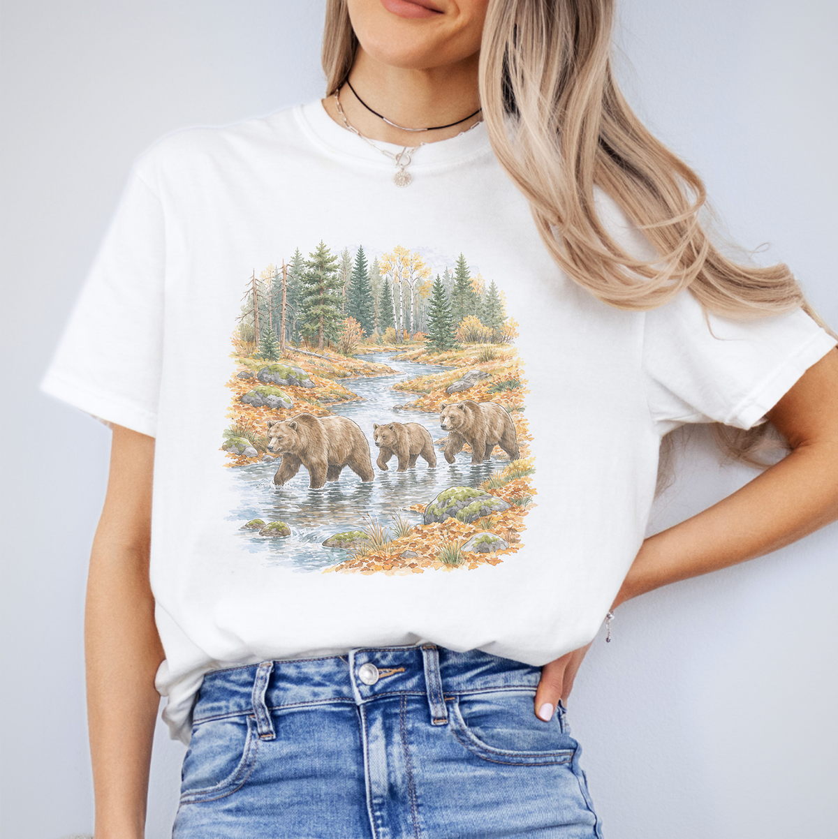 Vintage Watercolor Bear Family River Graphic Tee in White