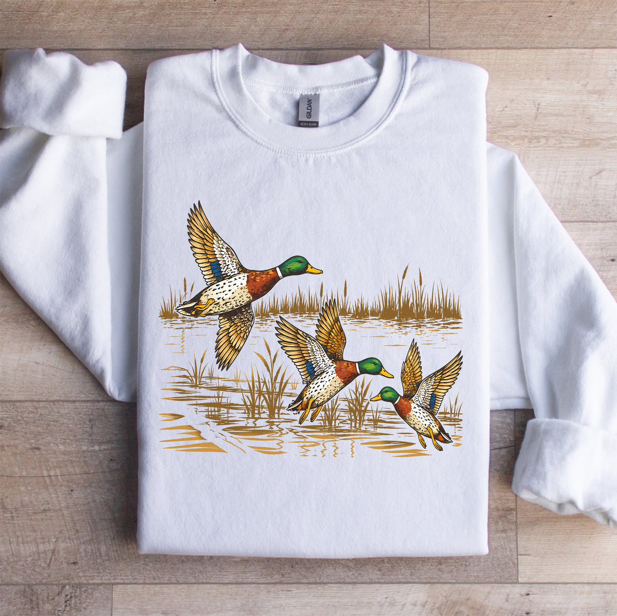 Retro Duck Nature Sweatshirt in white with vintage flying mallard waterfowl artwork