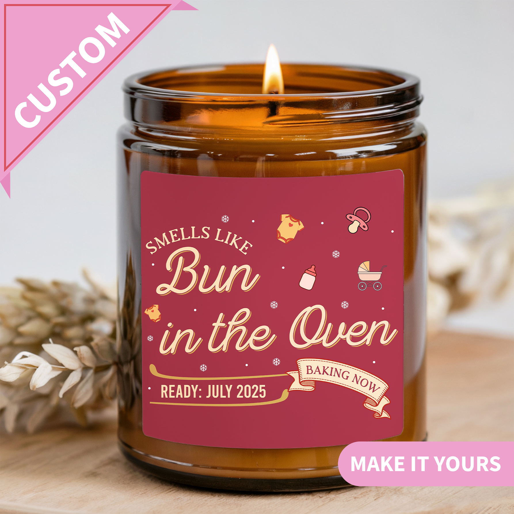 Custom Smells Like Bun in the Oven Baby Announcement Gift Candle
