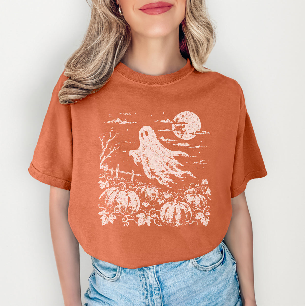 Vintage Halloween Pumpkin Field Spooky Season Tee