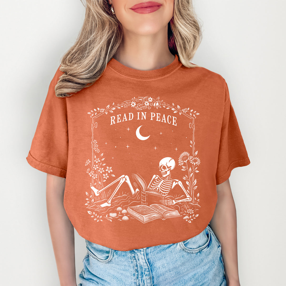 Camiseta de lectura con esqueleto «Read in Peace»
