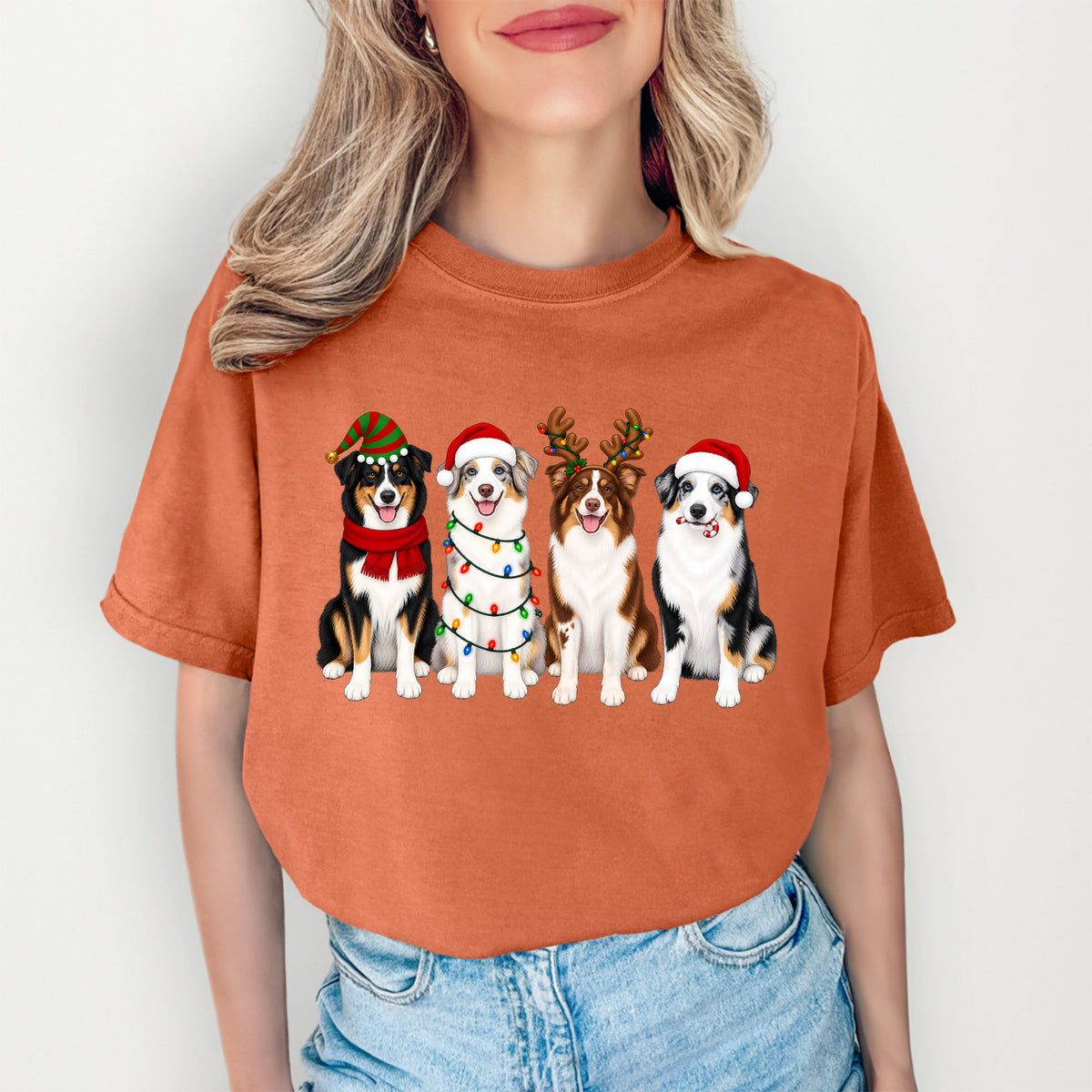 Holiday Australian Shepherds Lineup Graphic Tee – Festive Christmas Dogs Shirt